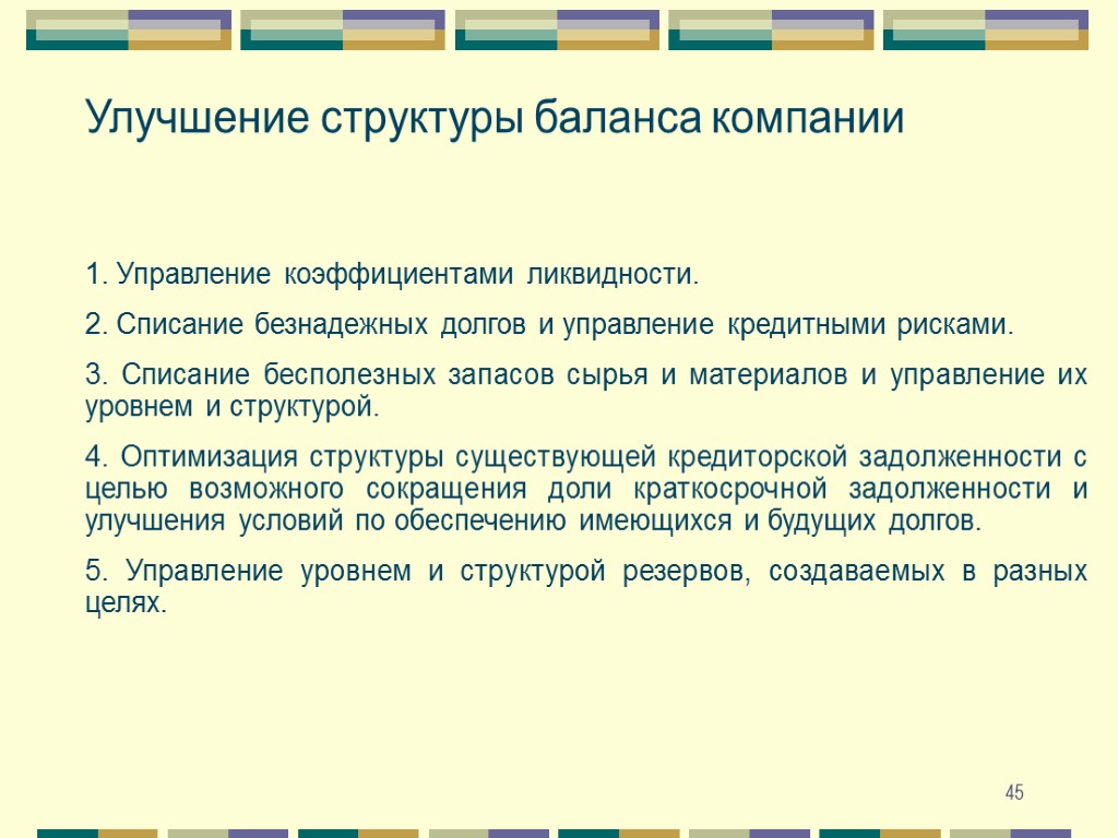 45 Улучшение структуры баланса компании 1. Управление коэффициентами ликвидности. 2. Списание безнадежных долгов и